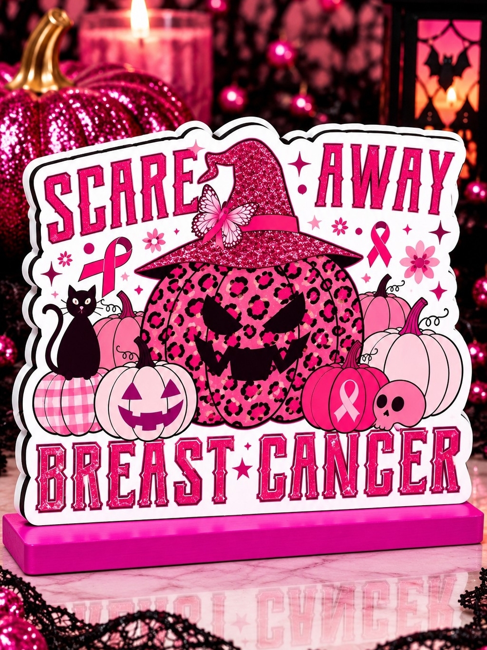 Pink "Scare Away Breast Cancer" Decorative Halloween Sign